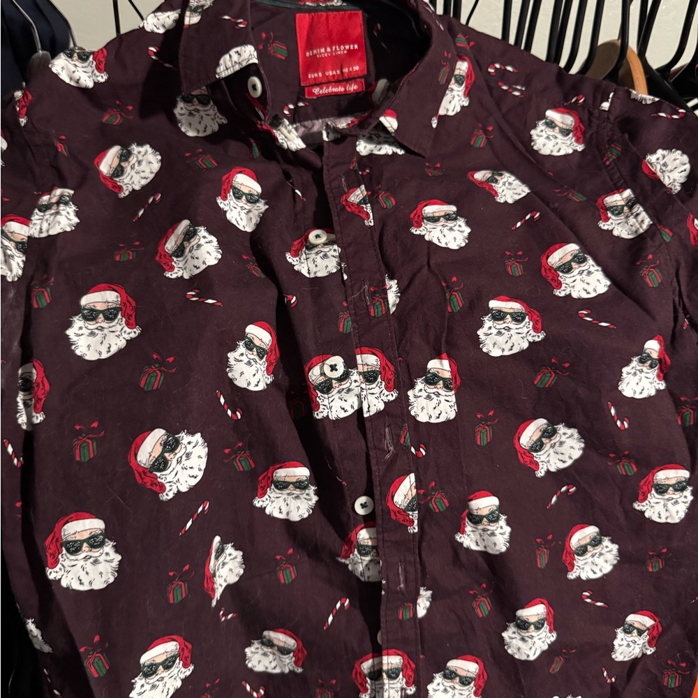 Burgundy Santa Print Men's Shirt